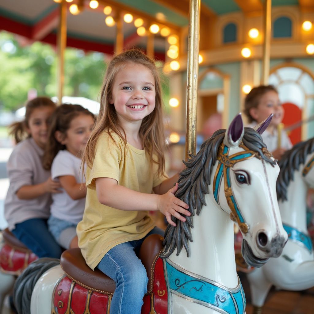 Children laughing on colorful carousel horses
