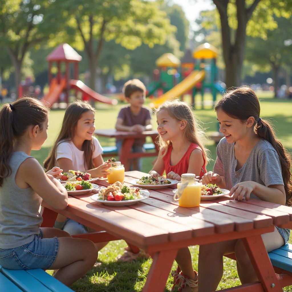 Families enjoying picnic area with playground view
