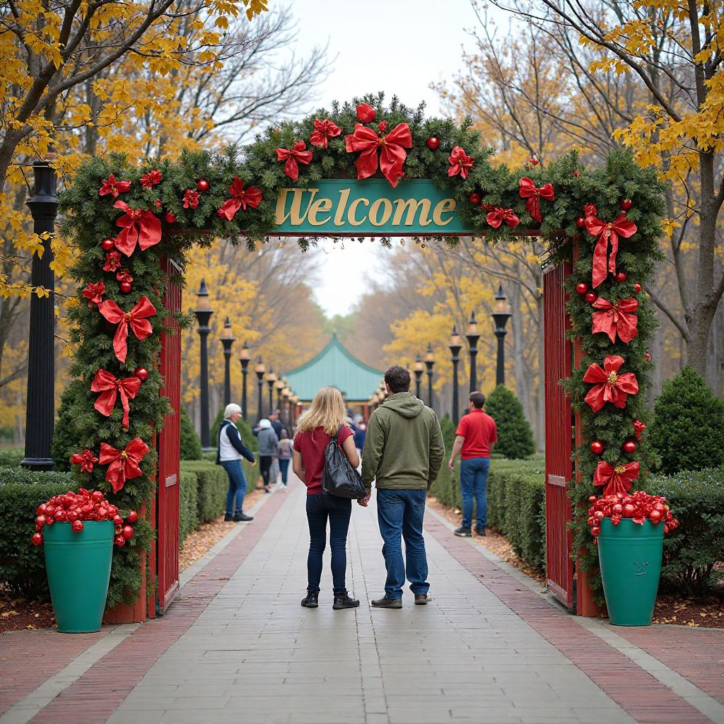 Park entrance decorated for seasonal festival
